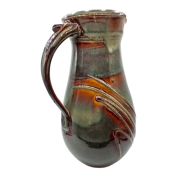 Pottery Pitcher With Applied Handle Green Brown Stamped/Signed Unknown VTG Flaw - Picture 3 of 11